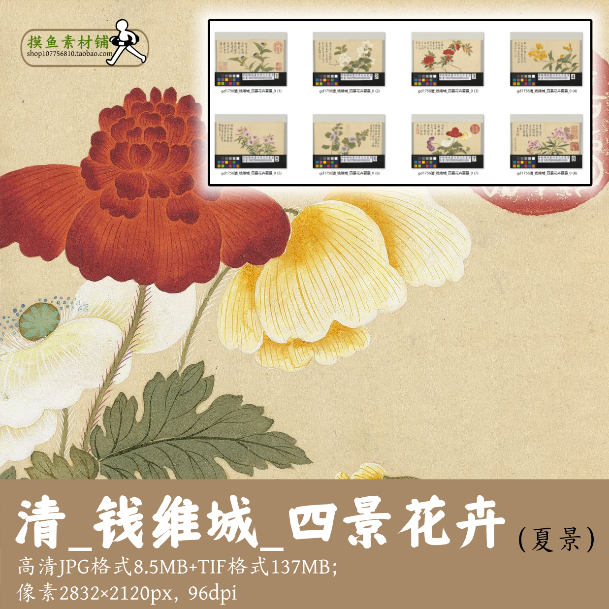 清钱维城四景花卉/夏景/高清国画电子版素材临摹小写意花鸟gd1756