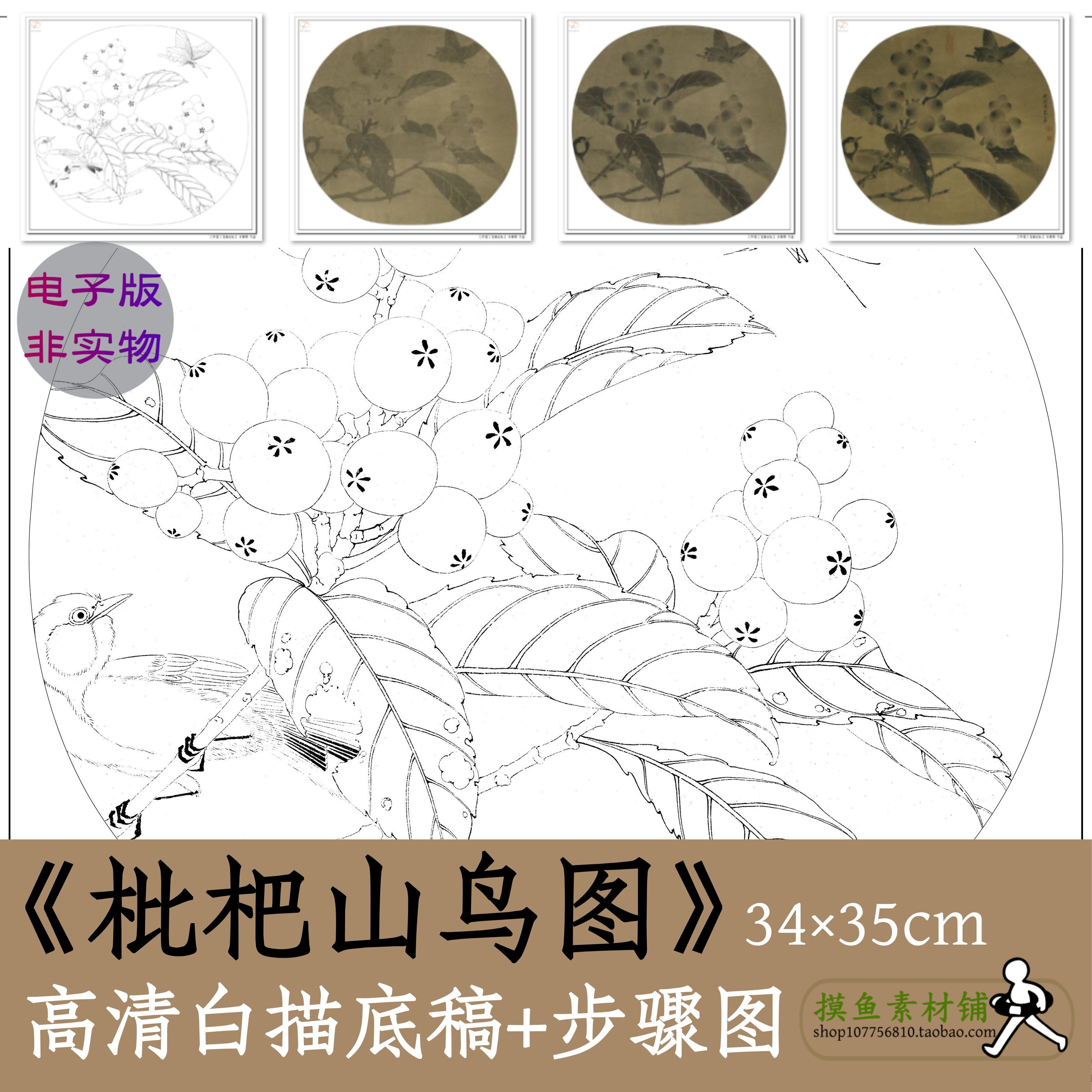 国画工笔花鸟画白描底稿电子版x052《临宋枇杷山鸟图