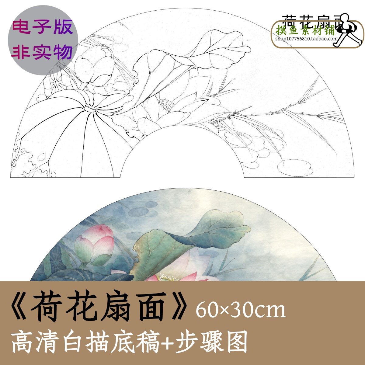 工笔画白描线稿电子版x032《荷花扇面
