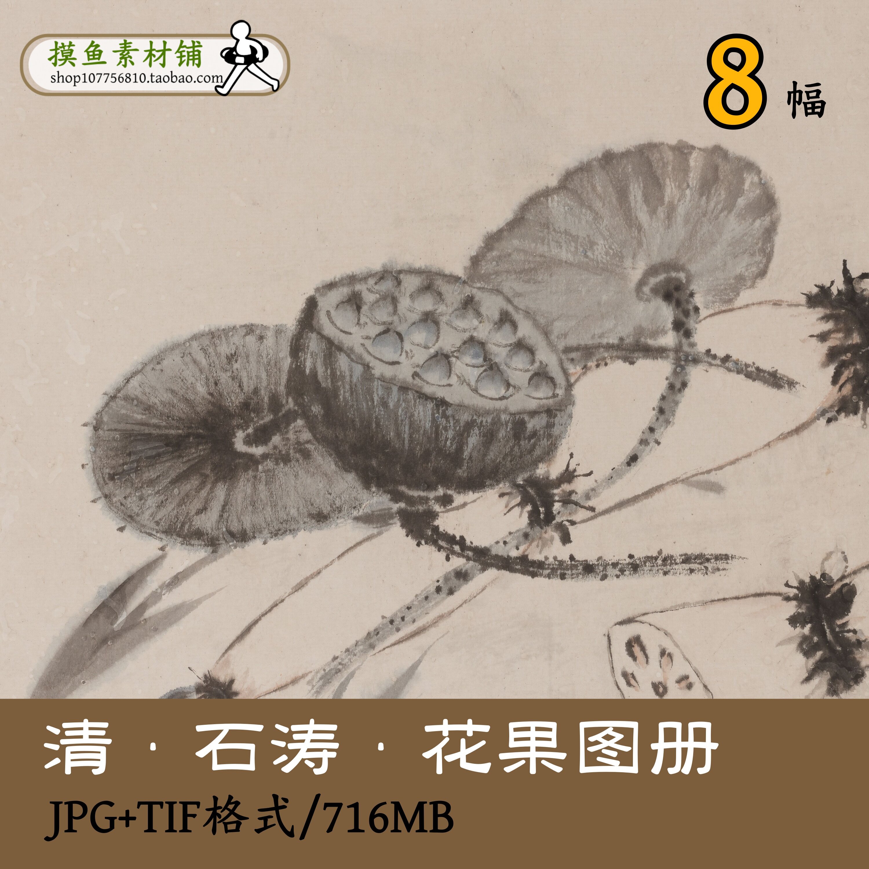 清代石涛花果图册/国画写生花卉蔬果册页画集临摹JPG+TIF/GD12606