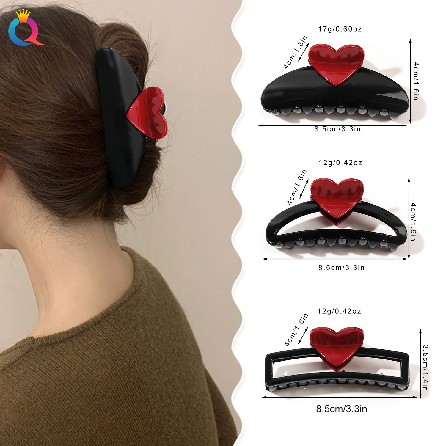 达令 爱心缕空半圆发夹 女士精致抓夹侧边刘海夹鲨鱼夹发卡子头饰