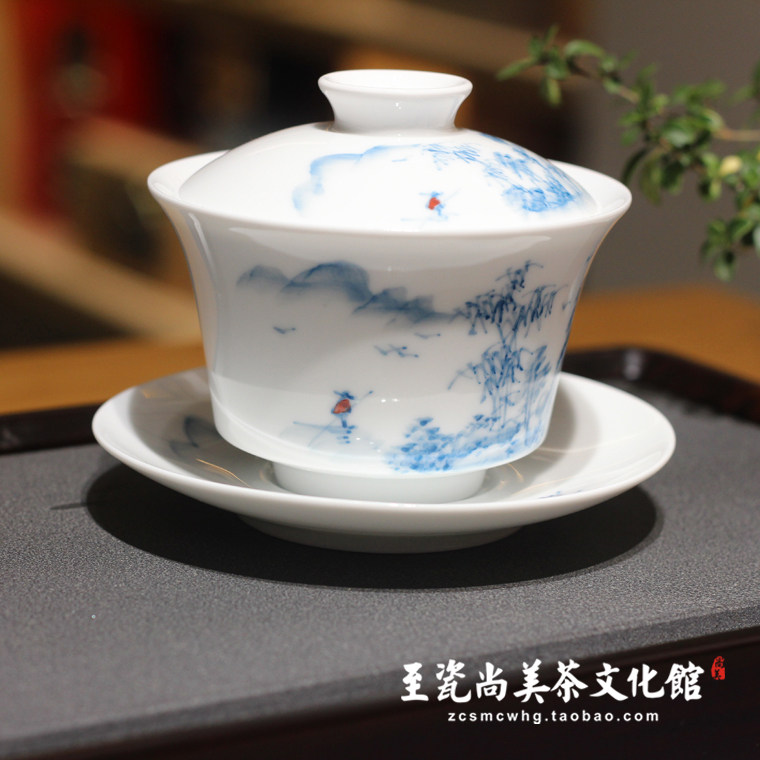贵和祥新款大盖碗大杯京德茶具釉下彩山水荷花特大盖碗景德镇手绘图片
