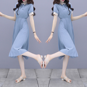 RM10576#夏季女收腰气质显瘦衬衫小个子法式淑女雪纺连衣裙