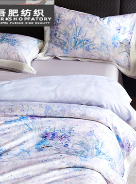 高端四季通用莱赛尔棉四件套美式数码印花紫色拼角被套床上用品