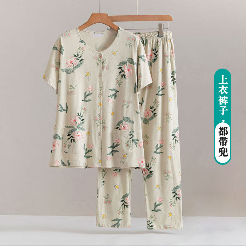 中老年纯棉开衫睡衣女夏季薄款奶奶空调衫妈妈短袖长裤家居服套装