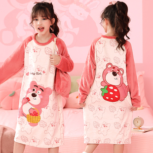 女童睡裙儿童春秋冬季法兰绒加绒家居服小女孩珊瑚绒长款保暖睡衣