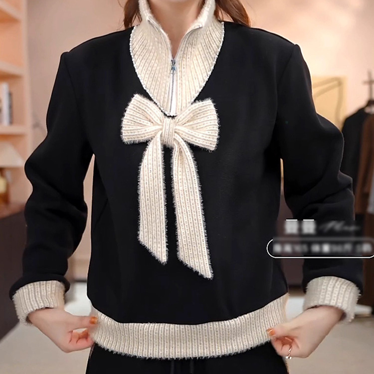 2025通勤风黑色半开领毛衣女款针织衫宽松套头保暖长袖半开领上衣