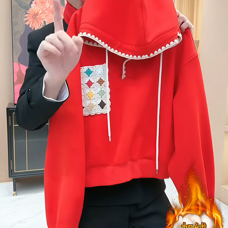 2025加绒加厚连帽卫衣女宽松显瘦洋气设计感纽扣装饰休闲长袖上衣