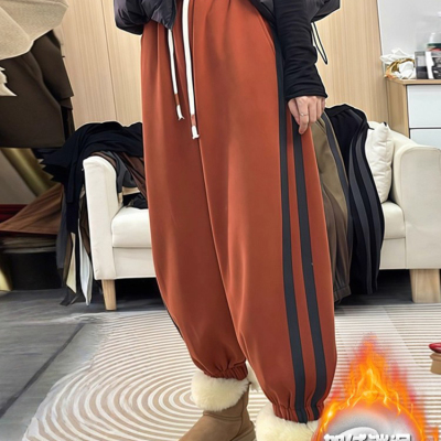 2025秋冬高腰显瘦束脚休闲裤女款宽松百搭条纹哈伦裤加绒加厚卫裤