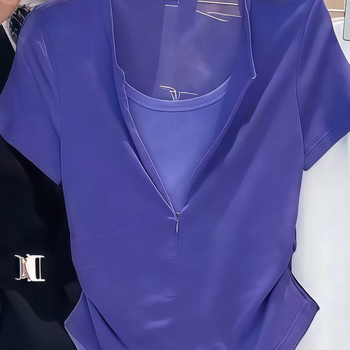 假两件紫色短袖T恤女装夏季