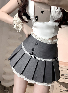 灰色百褶裙女小个子半身裙夏季设计感蕾丝拼接西装短裙高腰a字裙