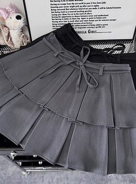 系带高腰灰色花苞百褶裙裤女春夏季韩版辣妹百搭防走光a字短裙子
