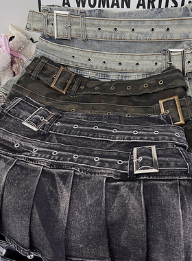 高阶比例 美式辣妹复古重工牛仔半身裙女夏季a字显瘦百褶裙短裙