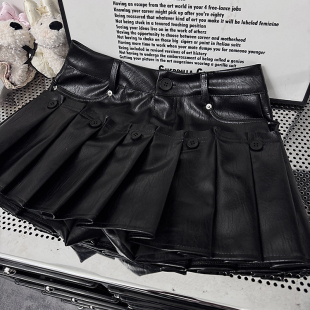 美式 防走可拆卸显瘦半身裙 辣妹风黑色皮裙两穿高腰a字百褶裙短款