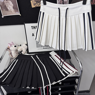 芭比学院风半身裙女早秋抽绳条纹a字裙辣妹百褶裙返校穿搭短裙