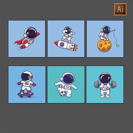 卡通Q版宇航员小人太空运动体育火箭音乐装饰画AI矢量设计素材002