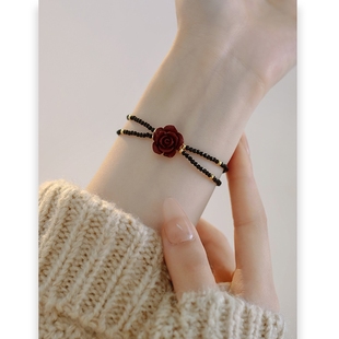 新中式黑晶串珠玫瑰手链轻奢感朱砂手链配饰精致小众设计手饰