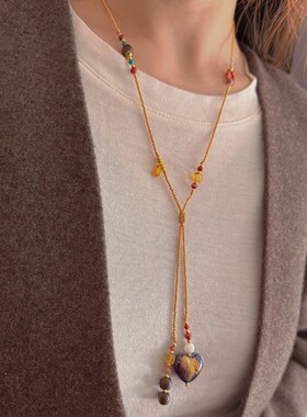 秋冬长款檀木南红爱心毛衣链女