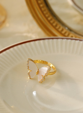 轻奢小众蝴蝶贝壳锆石开口戒指