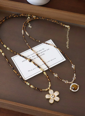 秋冬天然石美拉德虎眼石串珠项链长款毛衣链保色轻奢饰品