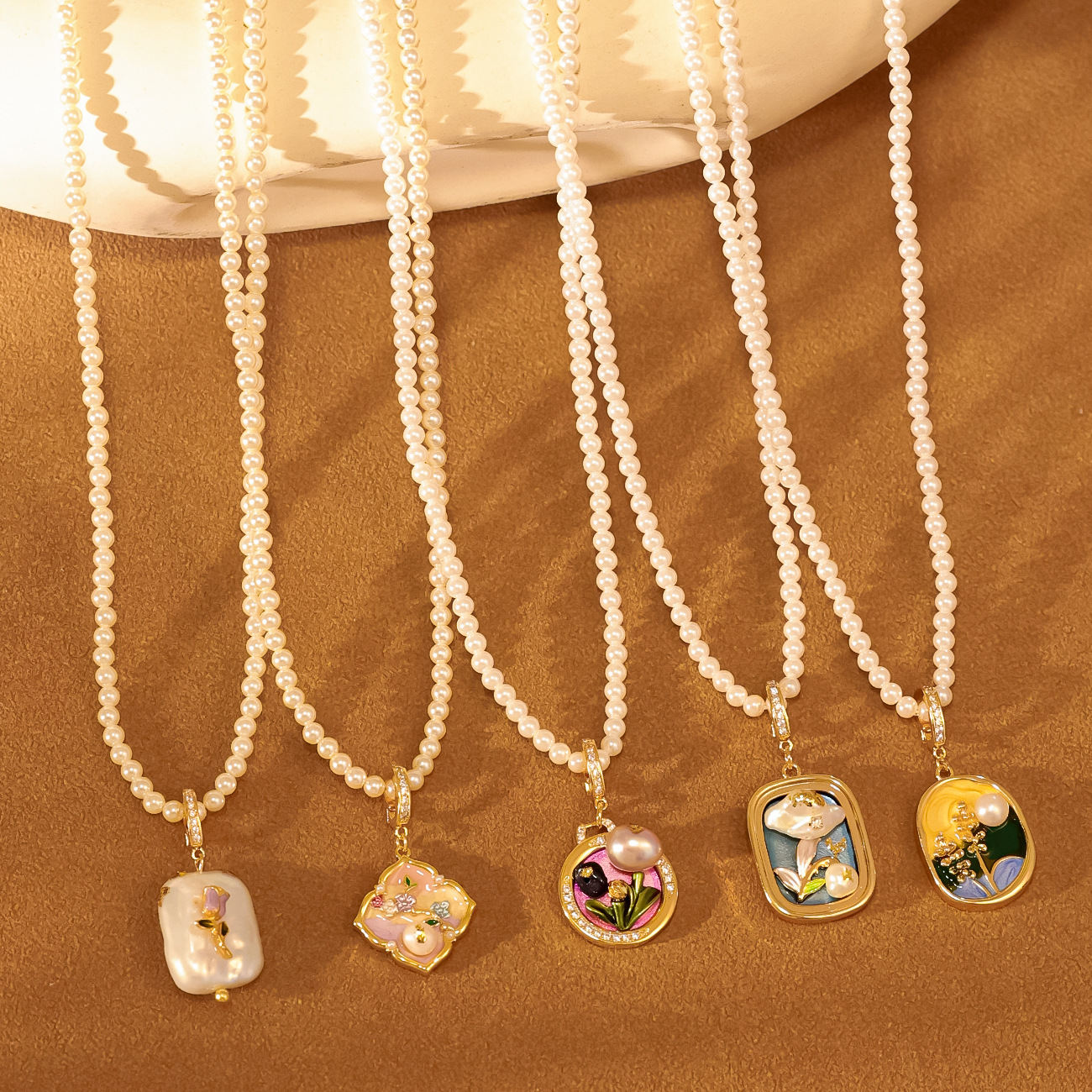 法式复古油画珍珠项链Necklace中古个性花卉花朵吊坠甜美毛衣链