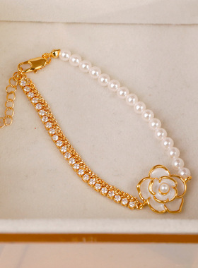 原创设计正圆珍珠山茶花手链女时尚轻奢滴釉高级感手串送女友配饰