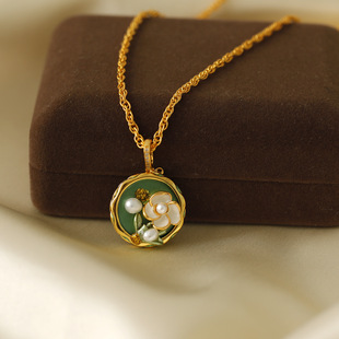 中古vintage绿油画风珍珠花朵滴釉项链法式宫廷复古风毛衣链吊坠