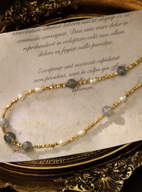 原创设计复古清冷灰色月光石珍珠项链小碎金古风轻奢锁骨链颈链