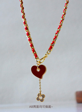 欧美时尚轻奢新款红色爱心皮质流苏项链百搭感手工编织锁骨链