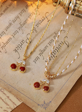 艾妮贝妮爆款感微镶红色樱桃项链轻奢气质百搭精致双层锁骨链