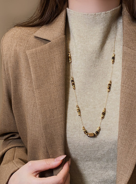 美拉德咖色虎眼石几何串珠毛衣链