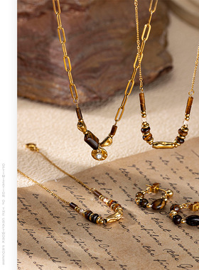 欧美美拉德小众虎眼石18k钛钢项链高级感毛衣链百搭ins风