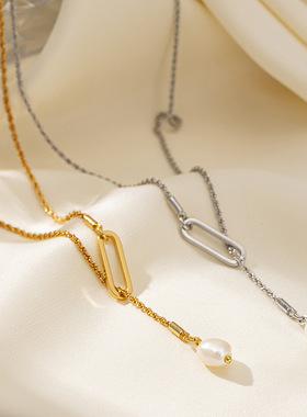 跨境复古黄铜镀金珍珠项链高级感女毛衣链秋冬长款轻奢感简约百搭