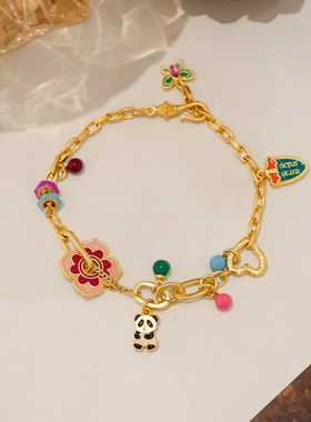 时尚精致彩色多巴胺滴油珐琅熊猫花朵蝴蝶手链轻奢感链条手饰