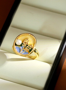 法式金属珍珠莫奈油画风戒指
