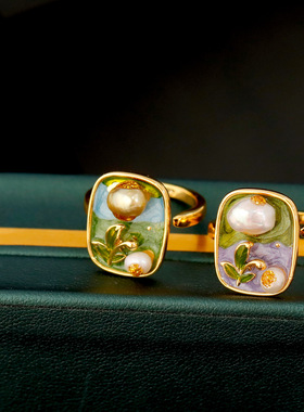 复古油画色级感珐琅耳环彩色滴釉花朵耳钉小众设计复古文艺耳饰