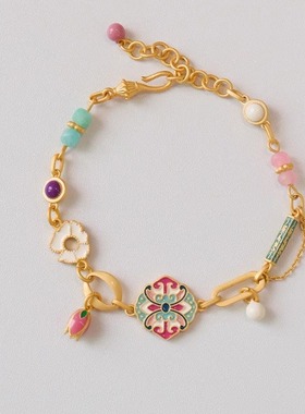 原创夏季复古精致彩色滴油珐琅郁金香天河石手链轻奢感手饰女