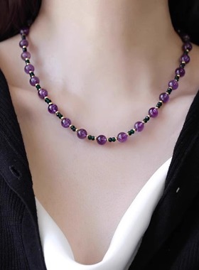 祖母绿水晶串珠紫水晶项链满天星简约锁骨链清新轻奢小众设计
