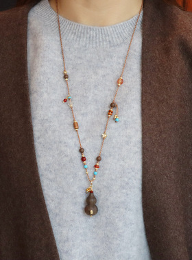 原创手作沉香南红转运珠毛衣链