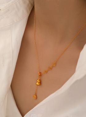 新中式时尚轻奢铜钱葫芦吊坠项链女精致百搭复古感流苏锁骨链