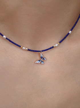 蝴蝶天然青金石珍珠项链不掉色配饰女秋冬高级感小众锁骨颈链饰品