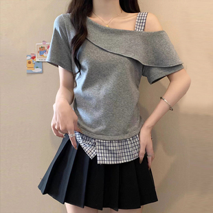 灰色斜肩格子拼接短袖 显瘦收腰假两件设计小众高档感上衣 T恤夏季
