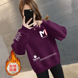 上衣外套女 宽松显瘦百搭洋气印花长袖 圆领卫衣女加绒秋冬新款 韩版