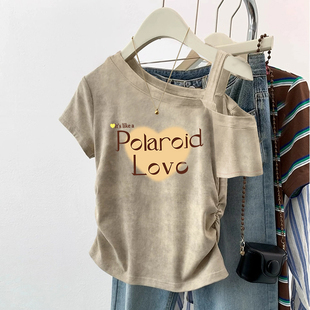 露肩纯棉扎染短袖T恤女2026夏季斜领褶皱上衣时尚洋气设计感女装