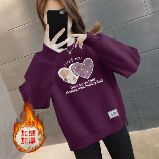 秋冬新款 宽松胖mm遮肉加绒卫衣女圆领洋气流行百搭印花外套上衣服