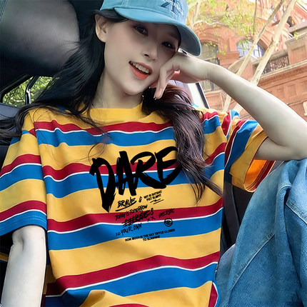 夏季新款撞色美式复古条纹短袖T恤女印花韩版百搭设计感圆领上衣