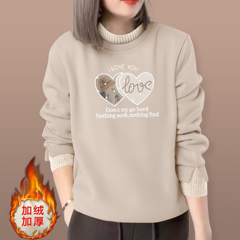 2025爆款假两件女士百搭上衣加绒加厚宽松韩版外搭长袖半高领卫衣