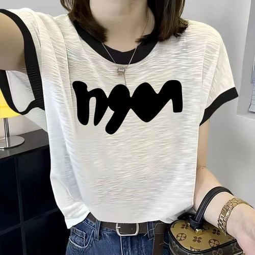 小众设计感竹节棉撞色短袖T恤女时尚百搭减龄灰色薄款夏季女上衣