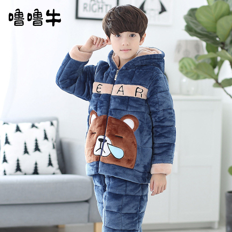 拉链款男童夹棉加厚睡衣冬款卡通带帽子可爱卡通中大童儿童家居服