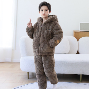 男童睡衣冬季三层夹棉法兰绒加厚男孩子珊瑚绒儿童家居服拉链夹棉